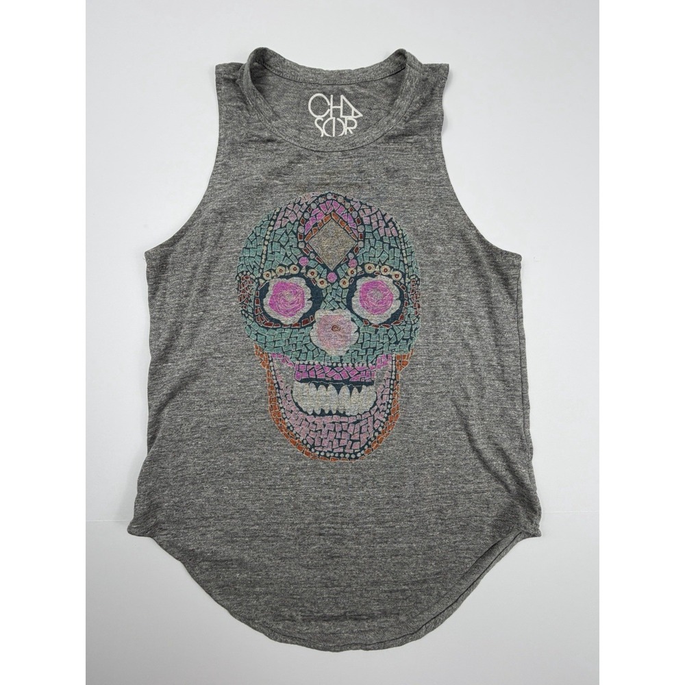 Chaser Tank Top Womens S Gray Sugar Skull Graphic Sleeveless Racerback